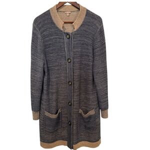 J Jill Long Cardigan Sweater Linen Cotton Blend Blue Tan XL Cozy Boho Chunky